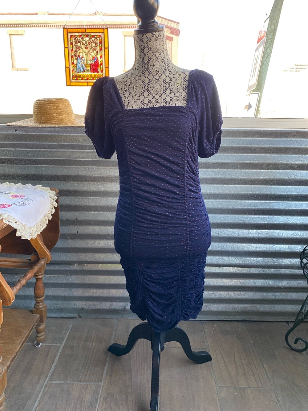 Free people Navy Ruched Square-Neck Women’s Dress XS ( like new condition)